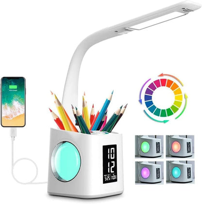 Kids Dimmable LED Table Lamp with Pen Holder&Clock