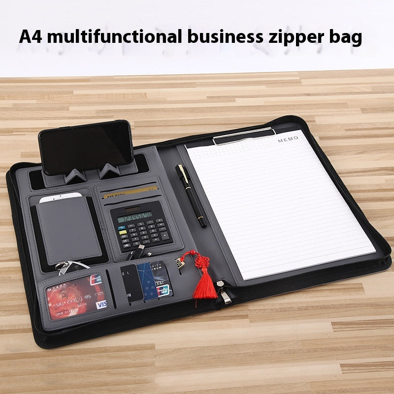 Multifunctional A4 Leather Portable Zipper Bag