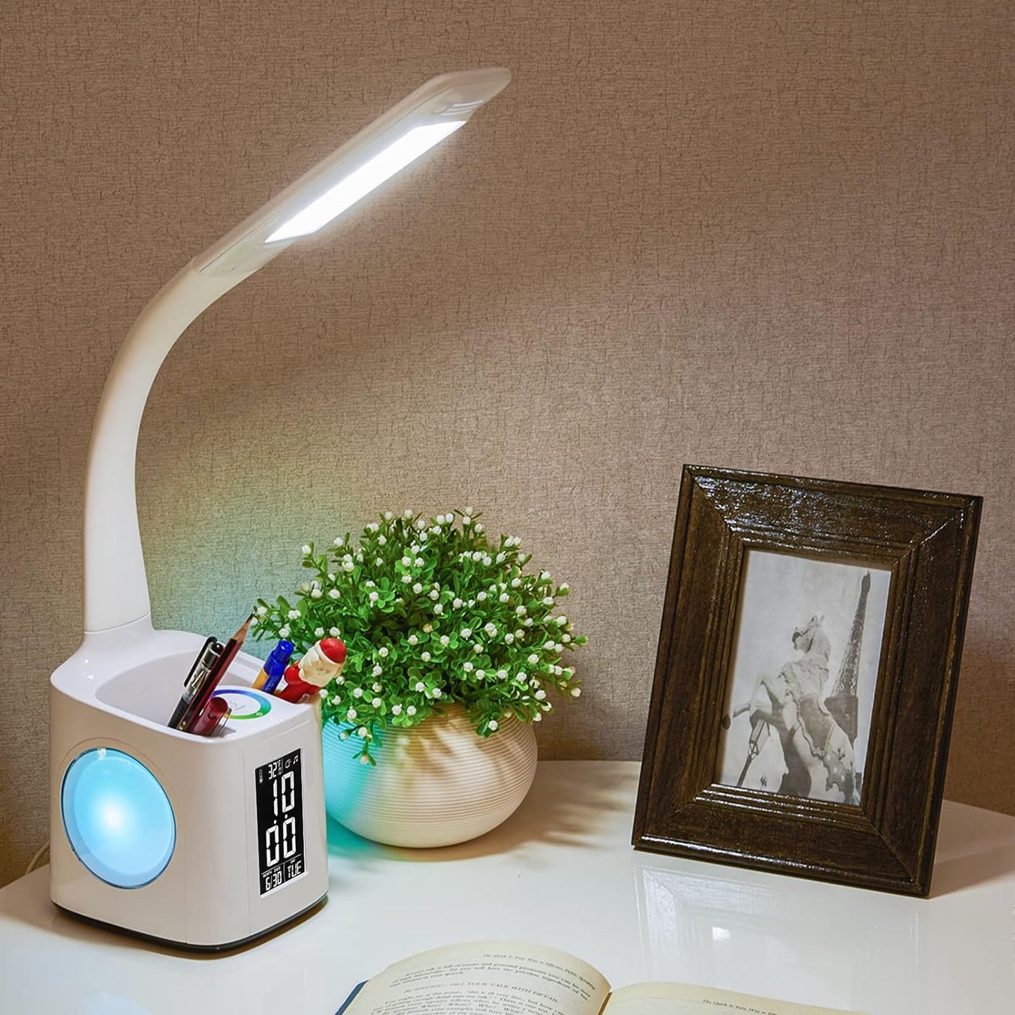 Kids Dimmable LED Table Lamp with Pen Holder&Clock